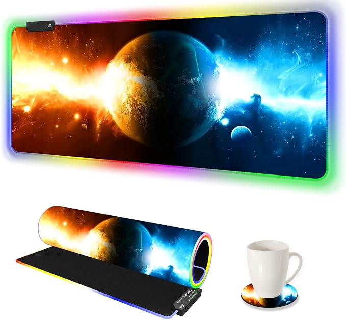 RGB Gaming Mouse Pad Large, Extended LED Mouse Mat XXL 35.4x15.7 inch, 14 Lighting Modes, 2 Brightness, Non-Slip Rubber Base Mousepad Waterproof Keyboard Mat,Universe Space Starry Sky