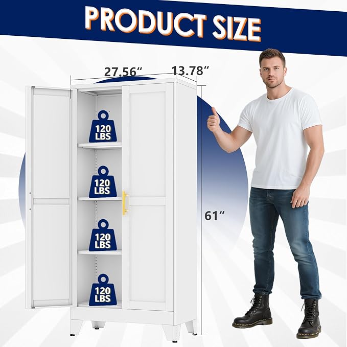 erosoei 61" H Metal Garage Storage Cabinet, Metal Pantry Cabinet with 2 Doors, Locker Steel Cabinet with 3 Adjustable Shelves, Freestanding Cupboard for Garage,Office,Home,Gym,School