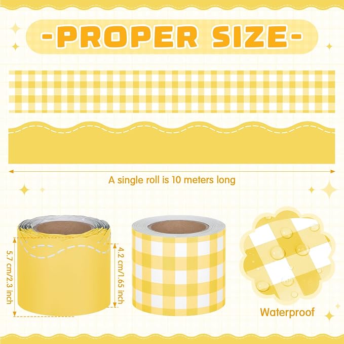 2 Rolls 65.6ft Yellow Gingham Bulletin Board Borders Decoration Yellow Checkered and Straight Edge Bulletin Borders Board Trim for Office School Classroom Chalkboard Party Decoration