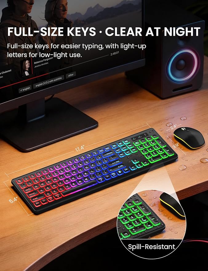 Wireless Keyboard and Mouse Combo with RGB Backlit, Rechargeable | Light Up Letters, Full-Size, Soft Typing, Sleep Mode, 2.4GHz Quiet Keyboard Set for Mac, Windows, Laptop, PC, Trueque KM42Pro