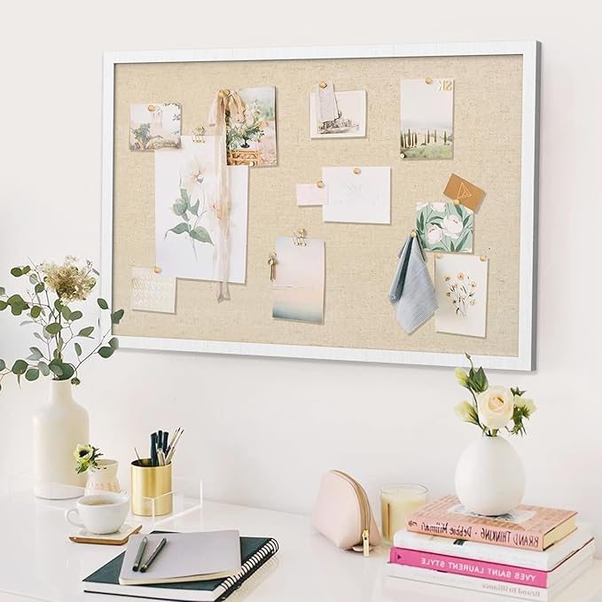Miratino Large Bulletin Board 30x20 inch with Linen Cork Boards Wall Decor Hanging Pin Wood Framed Display Bulletin Cork Photo Picture Board Light for Room School Office 20-Pushpin Vintage White