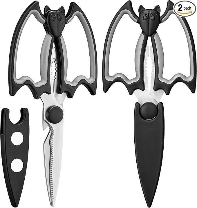 Kitchen Scissors All Purpose 2 Pack - Halloween Goth Cute Kitchen Shears - Heavy Duty Stainless Steel Cooking Shears for Cutting Meat, Food, Poultry - Featuring a Magnetic Protective Sheath