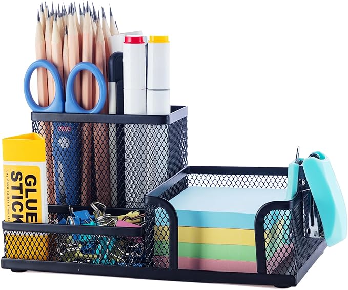 M&G Mesh Pen Holder Desk Organizers Pencil Holder for Desk Black, 3 Compartments Metal Office Supply Organizer with Sticky Notes Holder for School Home Office