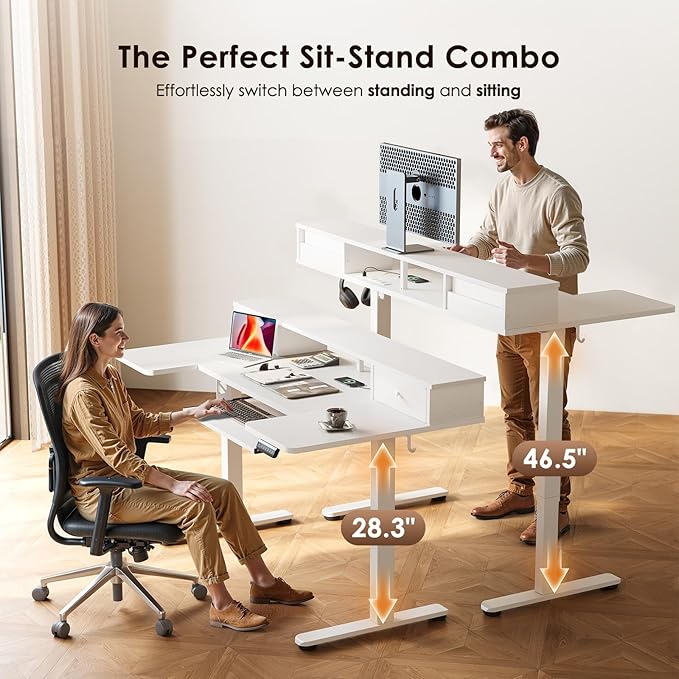 55 Inch U Shape Standing Desk with Keyboard Tray & Drawers, White | Power Outlet, Dual-Monitor Stand, LED Light, 3 Presets, 28.3"-46.5"in Range, 154 lb Capacity