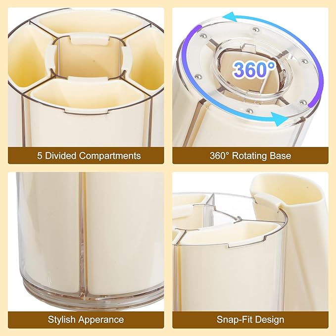 Comix 360° Rotating Pen Holder for Desk, Pencil Holder with 5 Slots, Cute White Plastic Desk Organizer for Home School Office Supplies