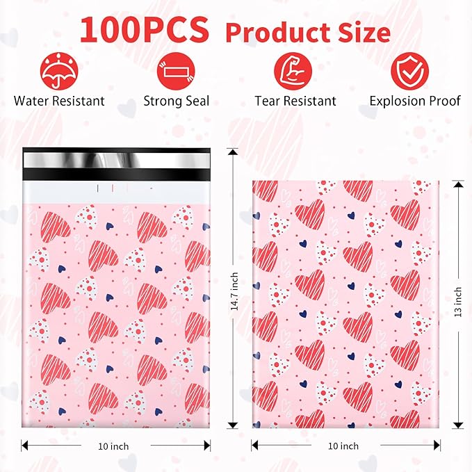 Oududianzi Poly Mailers 10x13, 100Pack Shipping Bags, Fashion Shipping Envelopes, Plastic Packaging Bags, Self-Seal Polymailers, Mailing Poly Bags for Business, Clothing (Simple Love)