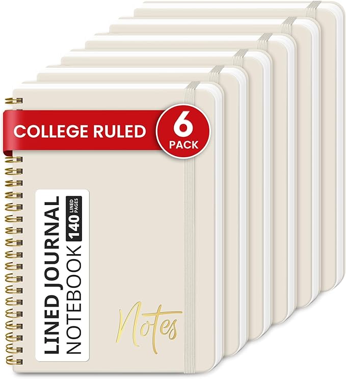 Lined Spiral Journal Notebook for Women, 6 Pack, A5 College Ruled Journals for Writing, Hardcover Notebooks for Work, Note taking and Office School Supplies,140 Pages, 6 Pcs - Grey Beige