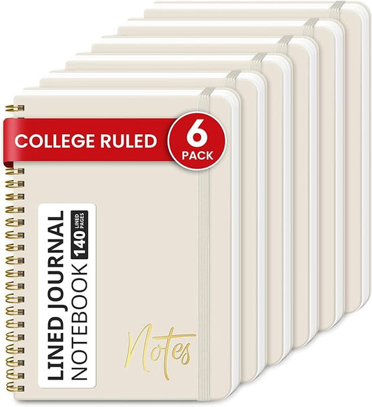 Lined Spiral Journal Notebook for Women, 6 Pack, A5 College Ruled Journals for Writing, Hardcover Notebooks for Work, Note taking and Office School Supplies,140 Pages, 6 Pcs - Grey Beige