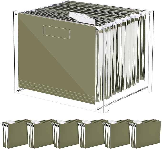 Dispowreath 24 Hanging File Folders Acrylic Desktop Organizer,Green | Clear Acrylic Box with Handles, Letter A4 Compatible, Colorful Tab Labels Included, Home Office Desktop Storage Solution