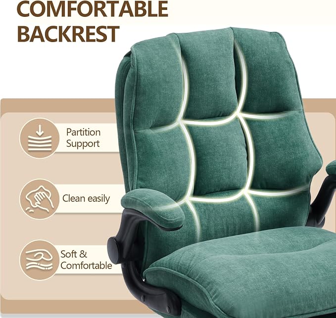 Comfy Office Chair Soft and Double Cushioned Ergonomic Computer Desk Chair for Long Hours Executive Office Chair with Flip-up Armrests and Height Adjustment for Home Office Green
