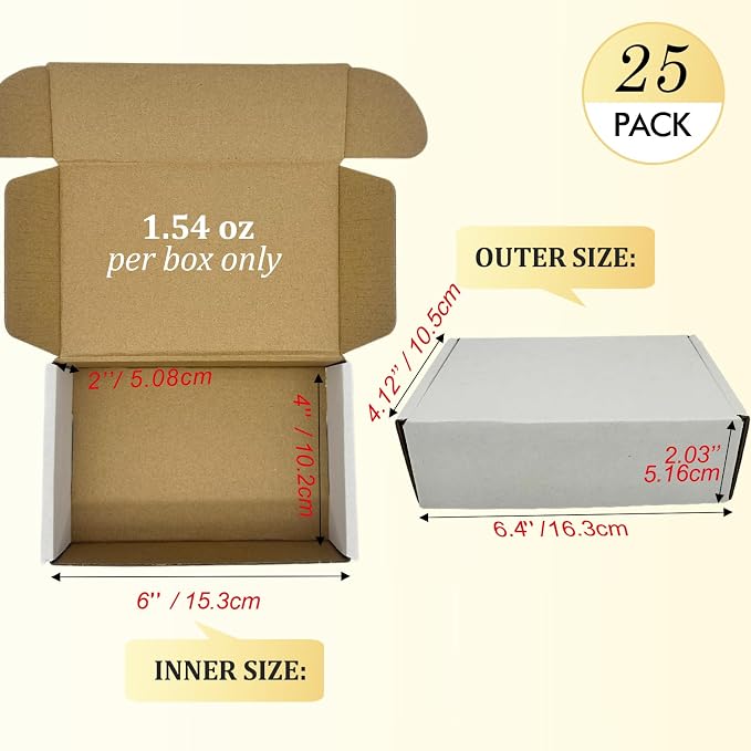 Small Shipping Boxes 6x4x2, Set of 25, White Corrugated Cardboard Box Mailer (YD642-25W)