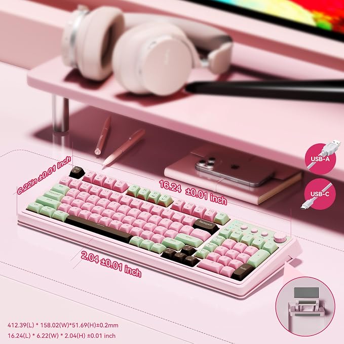 AULA Keyboard, Wireless Gaming Keyboard Creamy Bluetooth Computer Keyboards | 99 Key, Membrane Keyboard with Number Pad,RGB Backlit,Tri-Mode BT/2.4GHz/USB-C,Pink&Green&Coffee Color