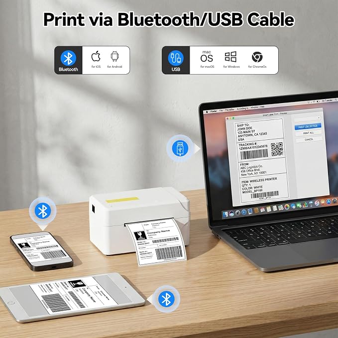 Bluetooth Thermal Shipping Label Printer, Wireless 3x5 Portable Thermal Printer for Small Business, Support iOS, Android, Windows, Mac, Widely