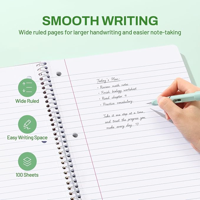 SUNEE Spiral Notebook, 1-Subject, Wide Ruled Paper, 8" x 10-1/2", 100 Sheets per Notebook, 3-Hole Punched Paper, Water Resistant Cover, Double-sided Pockets, Dark Green
