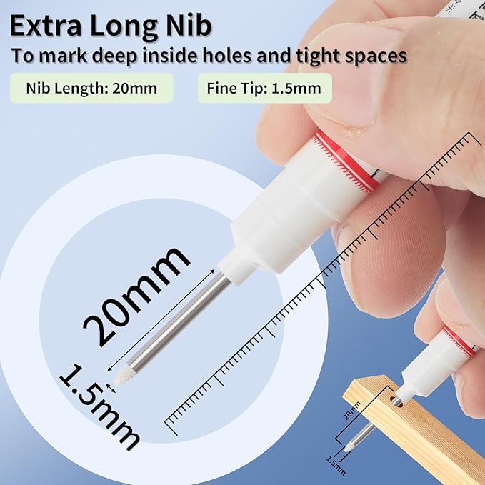 15 Pcs Long Nib Marker, 20 mm Long Head Deep Hole Marker Pens, Fine Nose Tip Deep Reach Permanent Paint Markers for Metal, Marking Pen for Drilling, Carpenter, Woodworking, Construction (White)