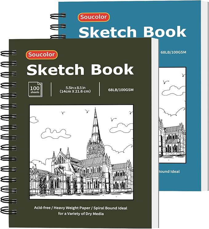Soucolor 5.5" x 8.5" Sketchbook Pack of 2, 200 Sheets Blank Journal Notebook, A5, Spiral Bound Sketch Pad Drawing Book Acid-Free Paper (68lb/100gsm), Painting Sketching Drawing Notebook Art Supplies