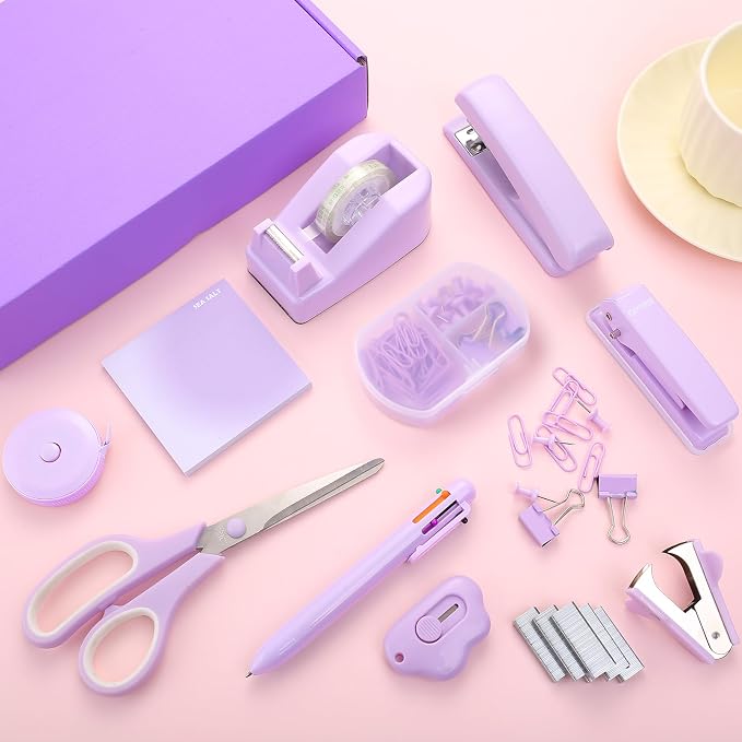 Purple Desk Accessory Kit Cute Office Supplies Set Desktop Stapler Set Includes Staple Remover Hole Punch Tape Dispenser Ballpoint Pen Scissor Mini Box Cutter Tape Measure Paper Clips Sticky Notes