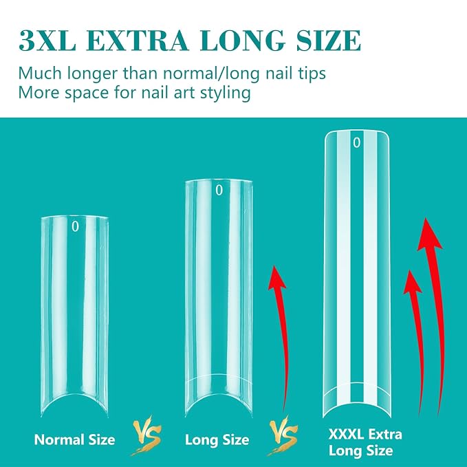 LIONVISON 3XL Square Nail Tips: 240PCS Clear NO C Curve Nail Tips | XXXL Extra Long Tapered Square Nails Tip - 12 Sizes Straight Press On Gel Tip for Nails Salons Home DIY Long-Lasting