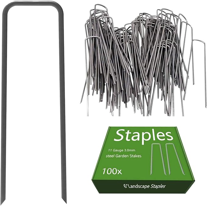 Landscape Staples 6 Inch Black Anti-Rust Garden Stakes 11 Gauge | 100 Pack Sod Yard Pins Heavy Duty Lawn Stake for Fence, Weed Barrier Fabric, Ground Cover, Ground Decorations, Chicken Wire