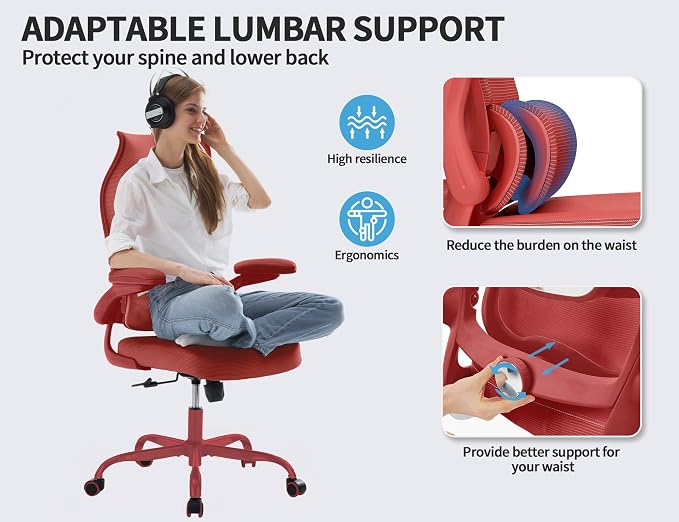 TRALT Office Chair Ergonomic Desk Chair - Gaming Chair with Lumbar Support | 330 LBS Home Office Desk Chairs , Reading Chair with Flip-up Armrests, Comfortable Computer Chairs (1, RED)