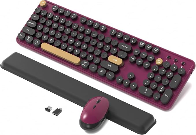 Retro Wireless Keyboard and Mouse Combo with Wrist Rest (Claret-Red) | COVEVA Aesthetic Typewriter Style, Full-Size Clicky Tactile Floating Round Keys, 2.4GHz Ergonomic Set for Mac, Windows
