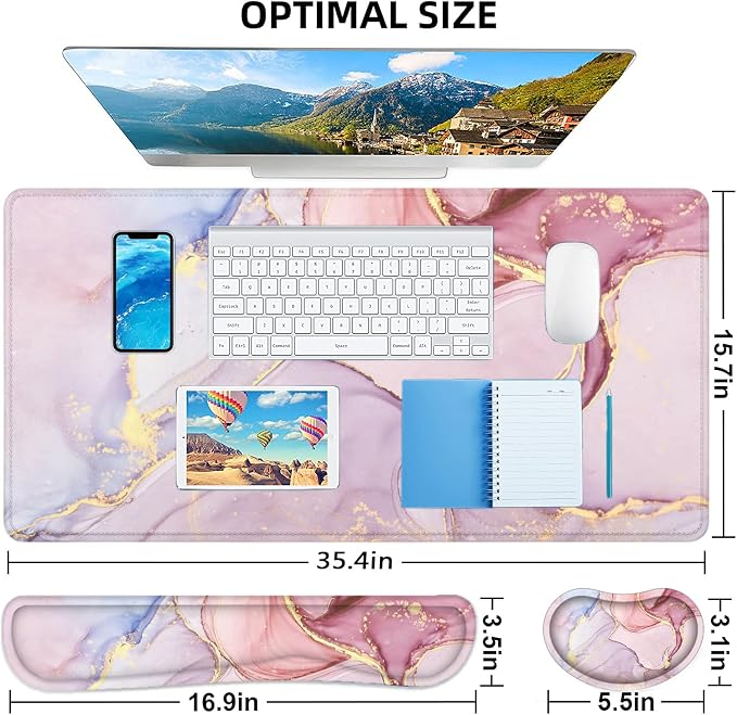 Large Mouse Pad with Wrist Rest, 4-in-1 Wrist Rest for Keyboard and Mouse | Non-Slip Waterproof Desk Mat Set, 35.4"x15.7" Desk Mat+Keyboard Wrist Rest+Mouse Wrist Support+Cup Coaster for Home Office