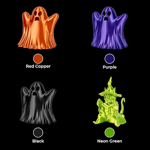 AMOLEN PLA 3D Printer Filament Silk PLA Filament 1.75mm Silk Filament Pack Black/Red Copper/Purple/Neon Green 3D Printing Filament Bundle for Holiday 3D Printing, 200gX 4 Spools