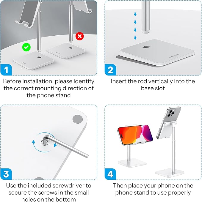 OMOTON Cell Phone Stand, Adjustable Angle Height Desk Phone Dock Holder for iPhone Air 17 Pro Max/Plus/XS/XR, Samsung Galaxy S20 / S10 / S9 / S8 and Other Phones (3.5-7.0-Inch),Silver