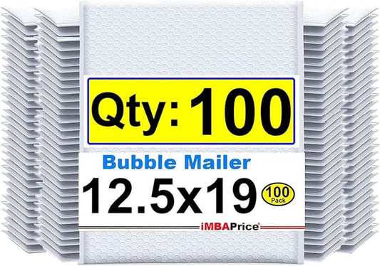 iMBAPrice 12.5x19 Inch White Poly Bubble Mailers #6, 100-Pack Extra Large Padded Envelopes, Self-Seal Polybubble Shipping Bags for Mailing & Packaging