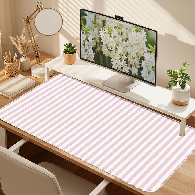 Light Pink Striped Desk Mat Cute Pastel XXL Large Gaming Mouse Pad Desk Pad Kawaii Cozy Aesthetic Keyboard Laptop Computer Mat Home Office Decor for Women