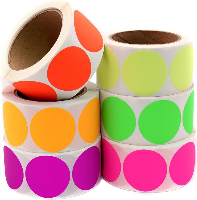 2" Dot Stickers, 6 Fluorescent Colors, 500/Roll Each Color | Assorted Round Color Coding Labels for Inventory, Warehouses, Classrooms, Crafts, Moving and Organization. Made in USA