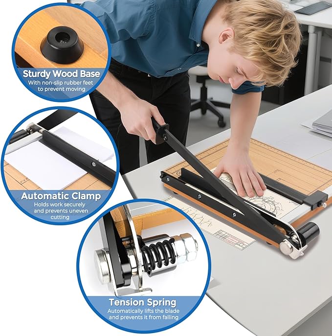 MROCO Heavy Duty Guillotine Paper Cutter & Paper Trimmer, 12" Cut Length, Automatic Clamp, Adjustable Guide, Wood Base with millimeters/inches Gridlines