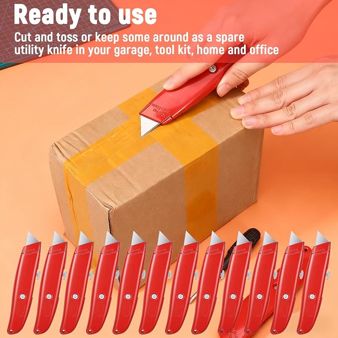 12pcs Utility Knife Retractable Box Cutter Bulk,Heavy Duty Aluminum Boxcutter Package Opener Cutter Blade for Cardboard Plastics Cartons DIY Home Warehouse Office(Red)