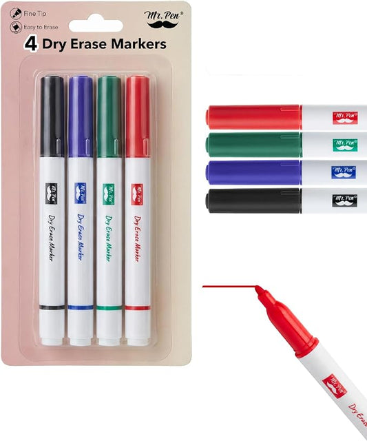 Mr. Pen- Dry Erase Markers, 4 Pack, Assorted Colors, Fine Tip | Dry Erase Whiteboard Markers for Writing on Whiteboards, Weekly Planner, Glass, School, Office, Home