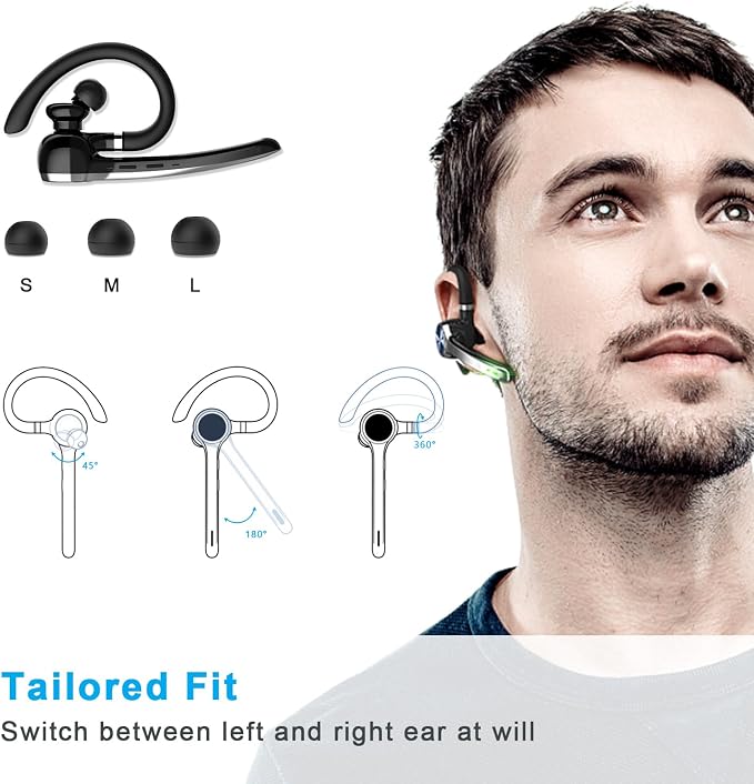 HEIBAS Bluetooth Headset, Wireless Earpiece with Mic for Work | 72H Playtime, 500mAh Charging Case, Hands-Free Calling with Mute Button for Work, Trucker, Office, Driving, iPhone, Black