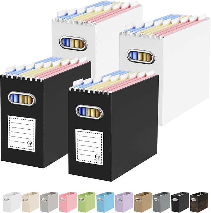 Portable Collapsible Cardboard File Box with Handle for Letter-Size | 4-Pack. Stainless Steel Handle. Label Stickers Included. Fits Letter Folders (Not Included). Home, Office, School, Dorm, Tax.