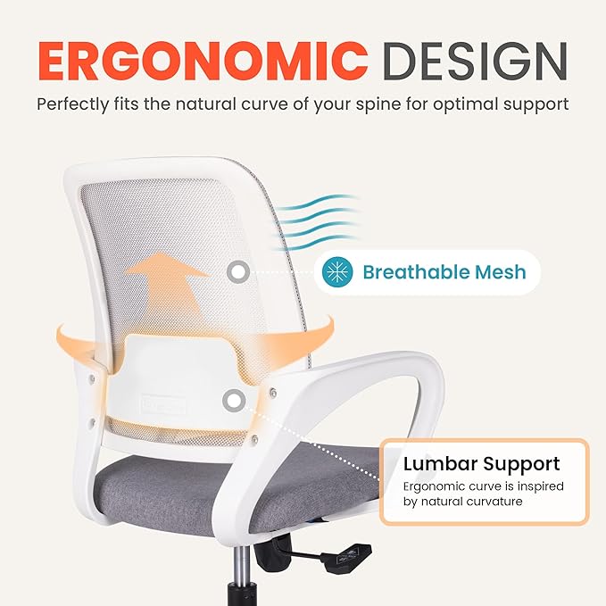 NEO Chair Office Desk Ergonomic Mesh Computer Chair with Lumbar Support Adjustable Height Swivel Rolling Wheels Comfy Mid Back Task Chair for Home Bedroom Vanity Study (Grey)