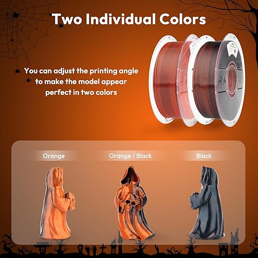AMOLEN Silk PLA 3D Printer Filament Bundle 2KG, Dual Color PLA 1.75mm Pack, Shiny Color Change 3D Printing PLA Filament for Most FDM 3D Printer, Black Orange & Black Pink, 1KG X 2 Spools