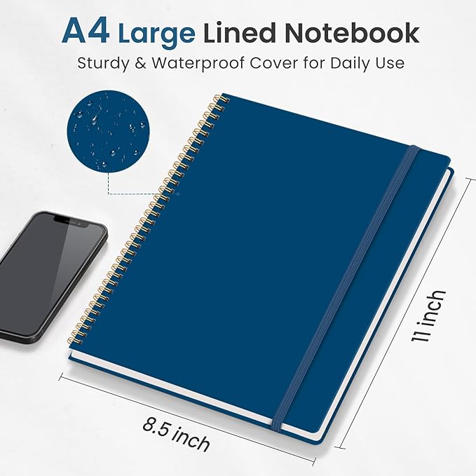 Taja Spiral Lined Notebook, 8.5"x11" Notebooks for Work, Large A4 Journal for Women & Men, College Ruled Journaling Notebook for Writing, Plastic Cover Spiral Journal, Navy Blue
