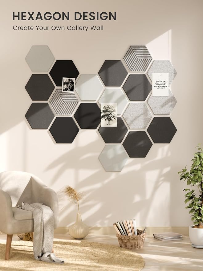 Fluxynara 10-Pack Hexagon Felt Bulletin Board Tiles, Concrete Echo | Cork Board Alternative for Wall Decor and Vision Boards, with 50 Adhesive Tabs for Home, Office, Classroom or Dorm.