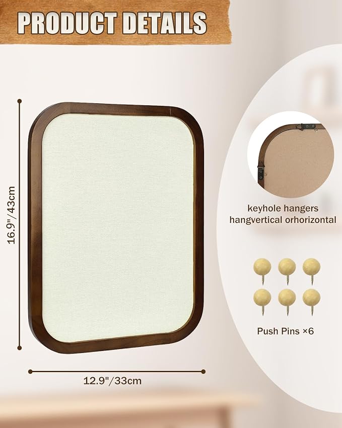 Linen Bulletin Board, Pin Board for Walls, Fabric Bulletin Board, 13"x17"Small Pin Board for Home Kitchen Office Decorative, Brown Wood Frame Cork Board(BN-3343)