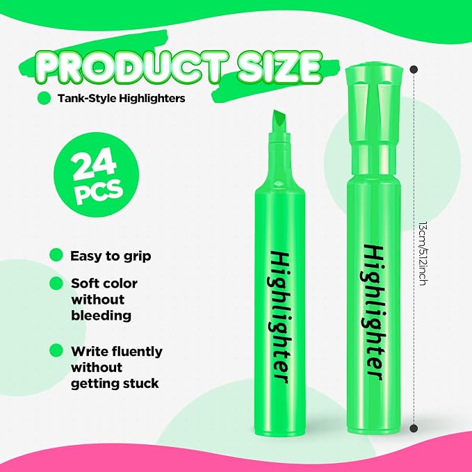 Qilery 24 Pack Tank Style Highlighters Christmas Chisel Tip Highlighters Bulk Colored Markers for Xmas Gifts Adult Coloring, Home Office Supplies(Green)