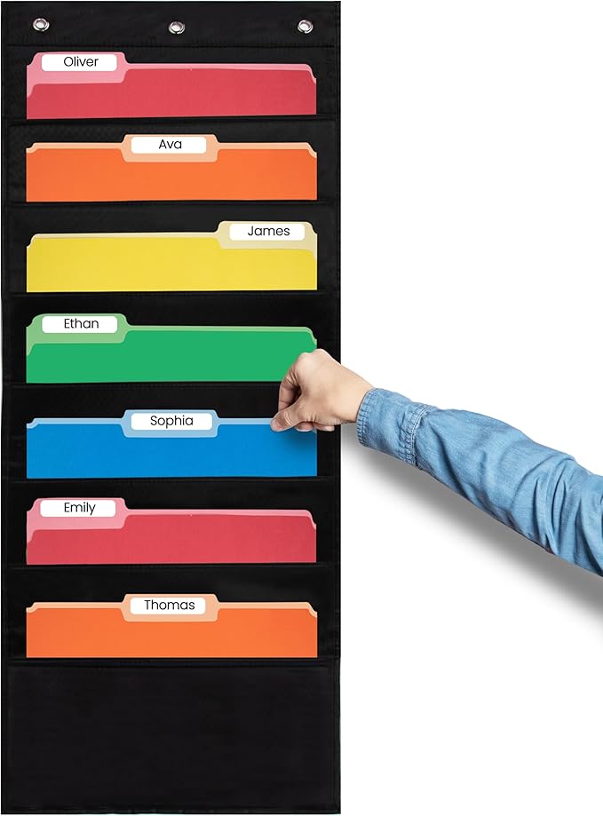 Essex Wares - 7 Pocket File Pocket Chart, Black, Tall - Versatile Wall Hanging File Folder Organizer for Classroom, Office, Home, and More - Wall Folder Organizer - 7 Pockets