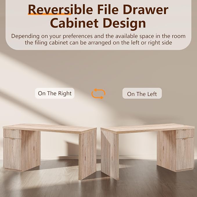 60" Fluted Office Home Desk, Reversible Left‑Right Cabinet, Built‑in Outlet | Reversible design lets you fix the cabinet on left‑hand or right‑hand side to fit your room layout