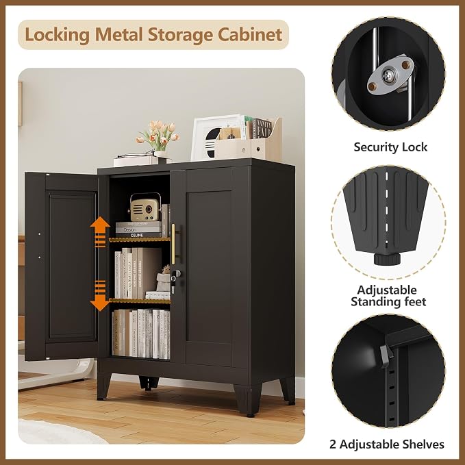 GAIOUS Black Metal File Cabinet with Lock(Two Units), Steel Storage Cabient | with 2 Doors and 2 Adjustable Shelves, Multifunctional Locked Cabinet for Home/Office/Garage/Tool Room, Accent Furniture