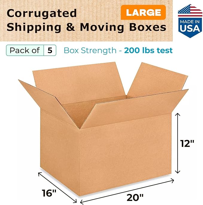 Large Shipping & Moving Boxes 20 x 16 x 12 inches (5-Pack) - Extra Strength 200 lb vs Regular - USA-Made Corrugated Packing Boxes for USPS/FEDEX - Heavy Duty Moving Box - Box Large by IDL Packaging