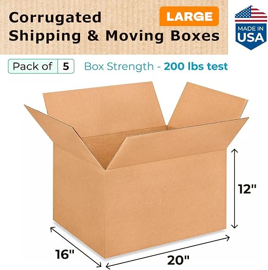 Large Shipping & Moving Boxes 20 x 16 x 12 inches (5-Pack) - Extra Strength 200 lb vs Regular - Corrugated Packing Boxes for USPS/FEDEX - Heavy Duty Moving Box - Box Large by IDL Packaging | Extra Strength 200 lb vs Regular - Corrugated Packing Boxes f...