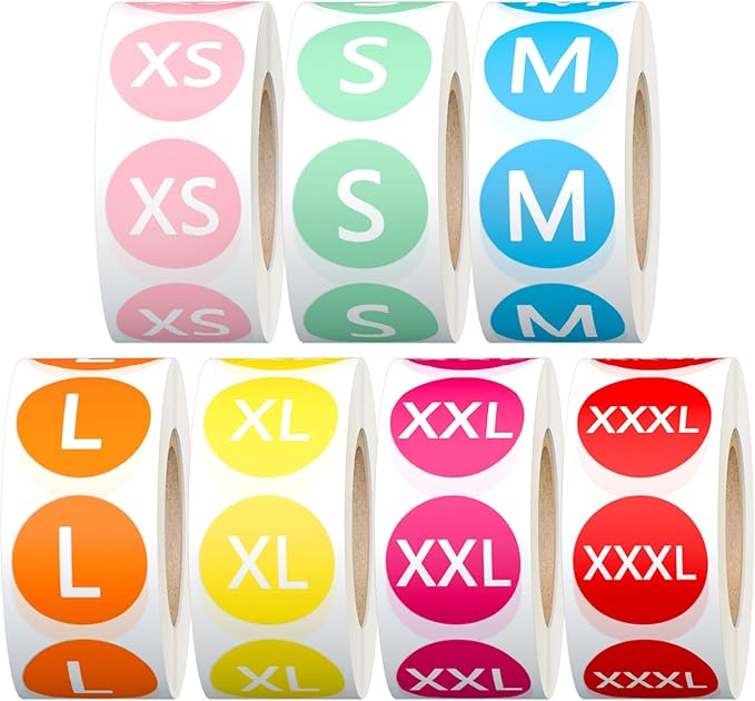 3500 Pcs 7 Rolls 7/8 Inch Size Stickers, 7 Colorful Sizes Coded Round Self Adhesive Labels for Clothing, Sticker Holder for Shirt (XS, S, M, L, XL, XXL and XXXL), BIAlabel