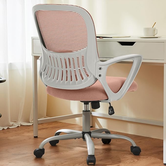 OLIXIS Home Office Chair, Mesh Desk Chair, Ergonomic Lumbar Support | Mid Back Computer Ergonomic, Height Adjustable Swivel Task, Large Seat Armrest, Adults, Pink