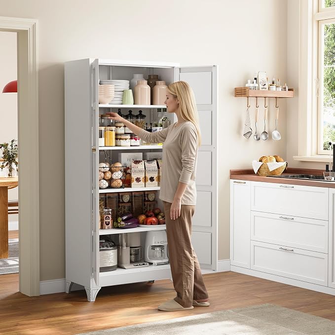 Metal Storage Cabinet with 2 Doors and 4 Adjustable Shelves,- 72" White Kitchen Pantry Storage Cabinet for Kitchen,Living Room,Dining Room